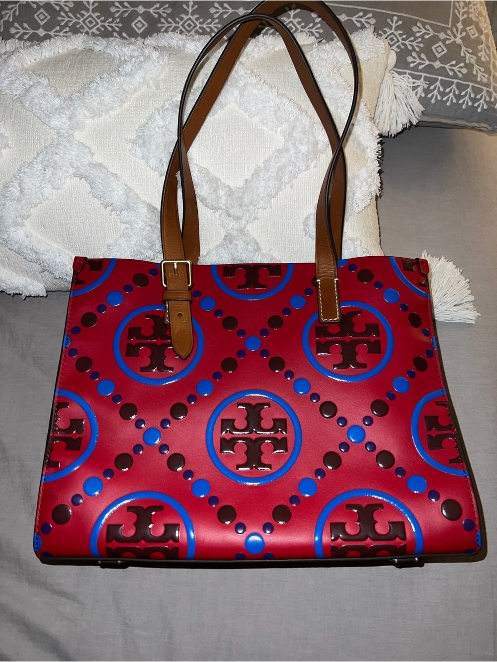 Tory Burch Red Logo Circle Print Tote with Brown Straps